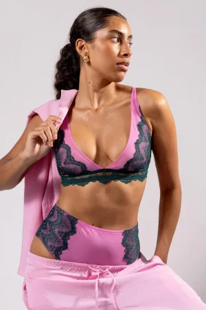 Understatement Underwear - Lace Mesh Plunge Bralette - Pine/Candy Pink