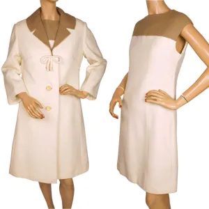 Vintage 1960s Wool Dress &amp; Coat Set Cream White &amp; Brown Joshar Montreal Size M L