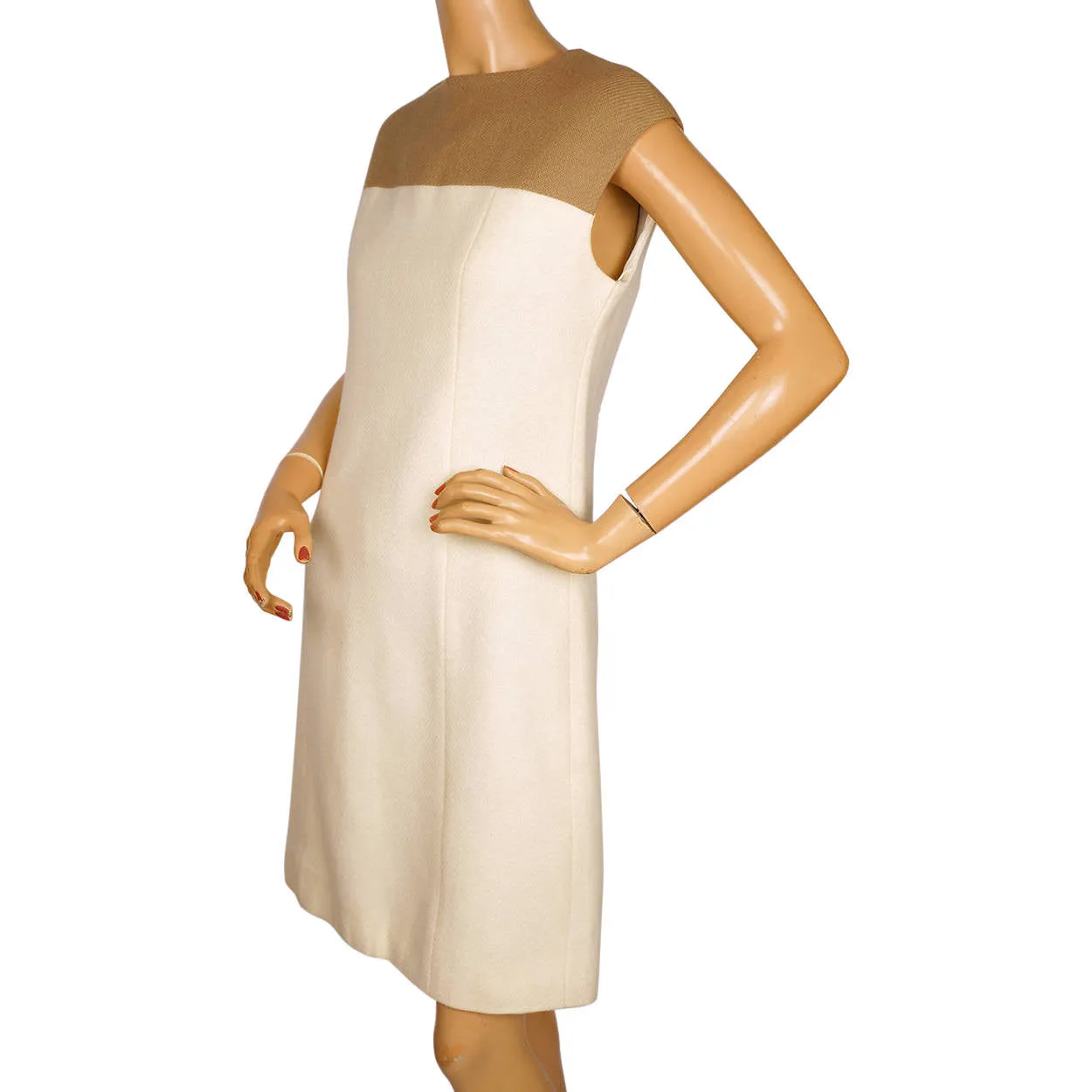 Vintage 1960s Wool Dress &amp; Coat Set Cream White &amp; Brown Joshar Montreal Size M L