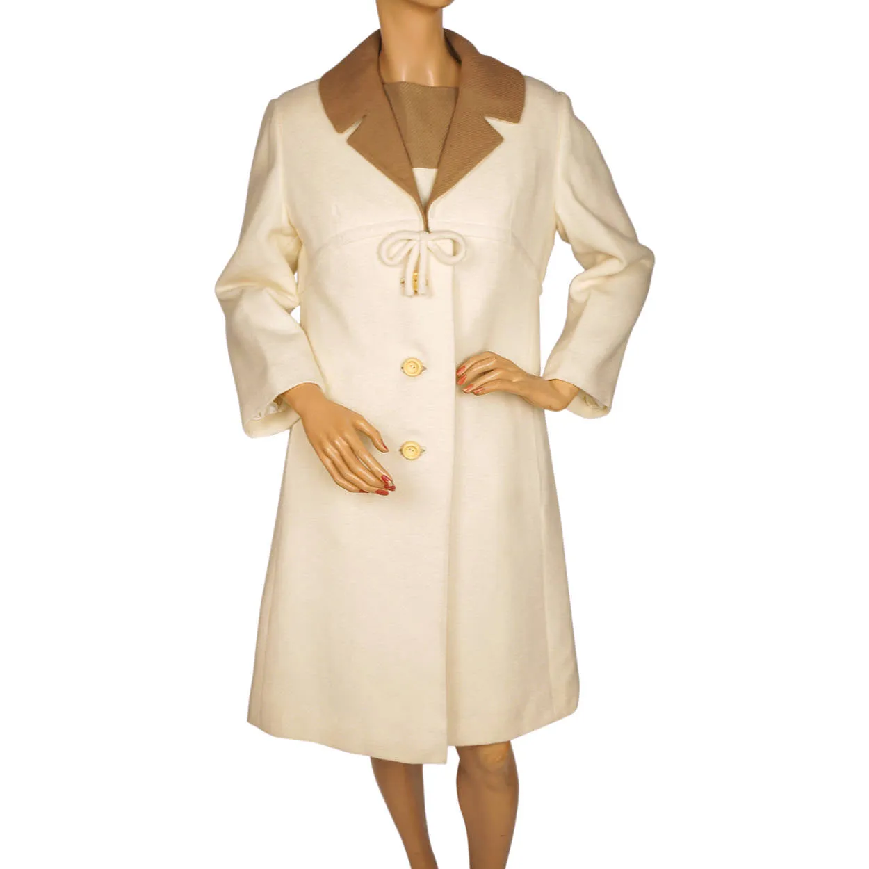 Vintage 1960s Wool Dress &amp; Coat Set Cream White &amp; Brown Joshar Montreal Size M L