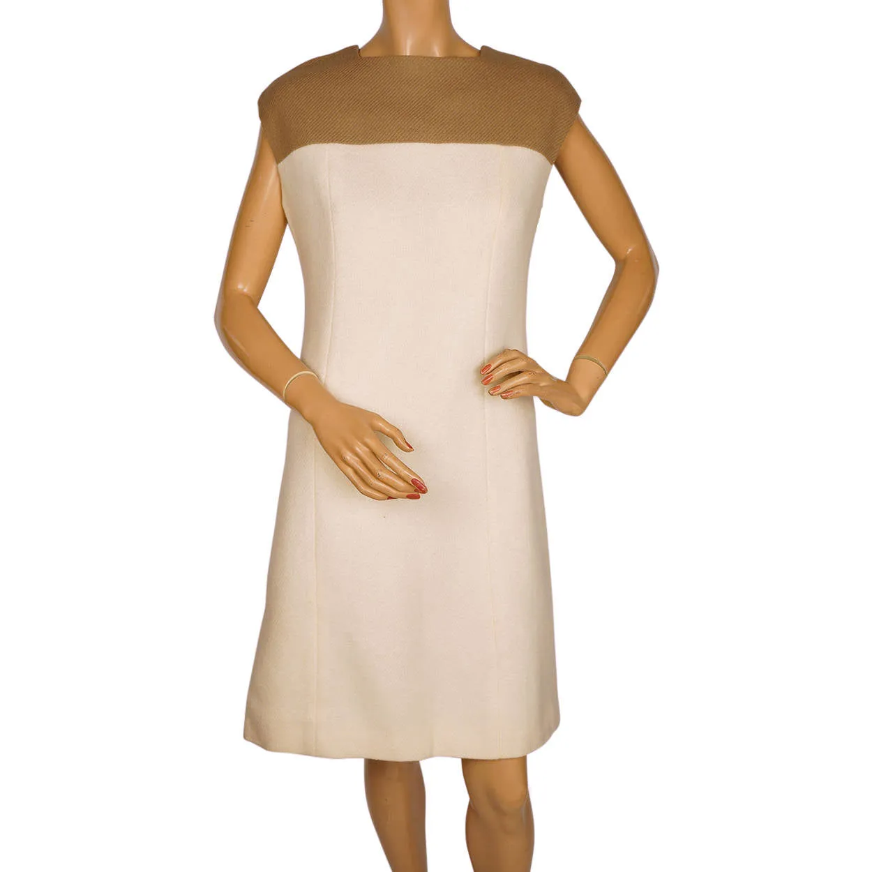 Vintage 1960s Wool Dress &amp; Coat Set Cream White &amp; Brown Joshar Montreal Size M L