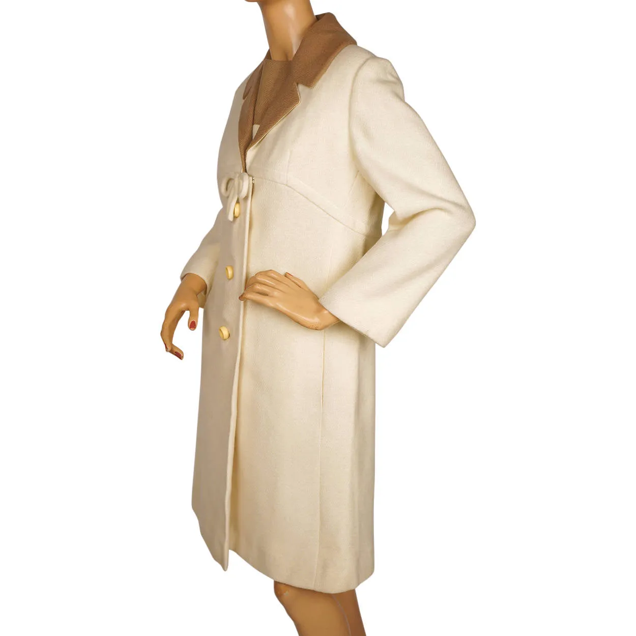 Vintage 1960s Wool Dress &amp; Coat Set Cream White &amp; Brown Joshar Montreal Size M L