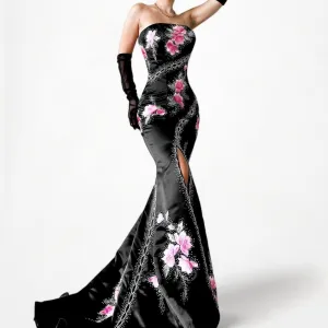 Vintage Black Pink Strapless Floral Beaded Satin Maxi Dress Size S/M