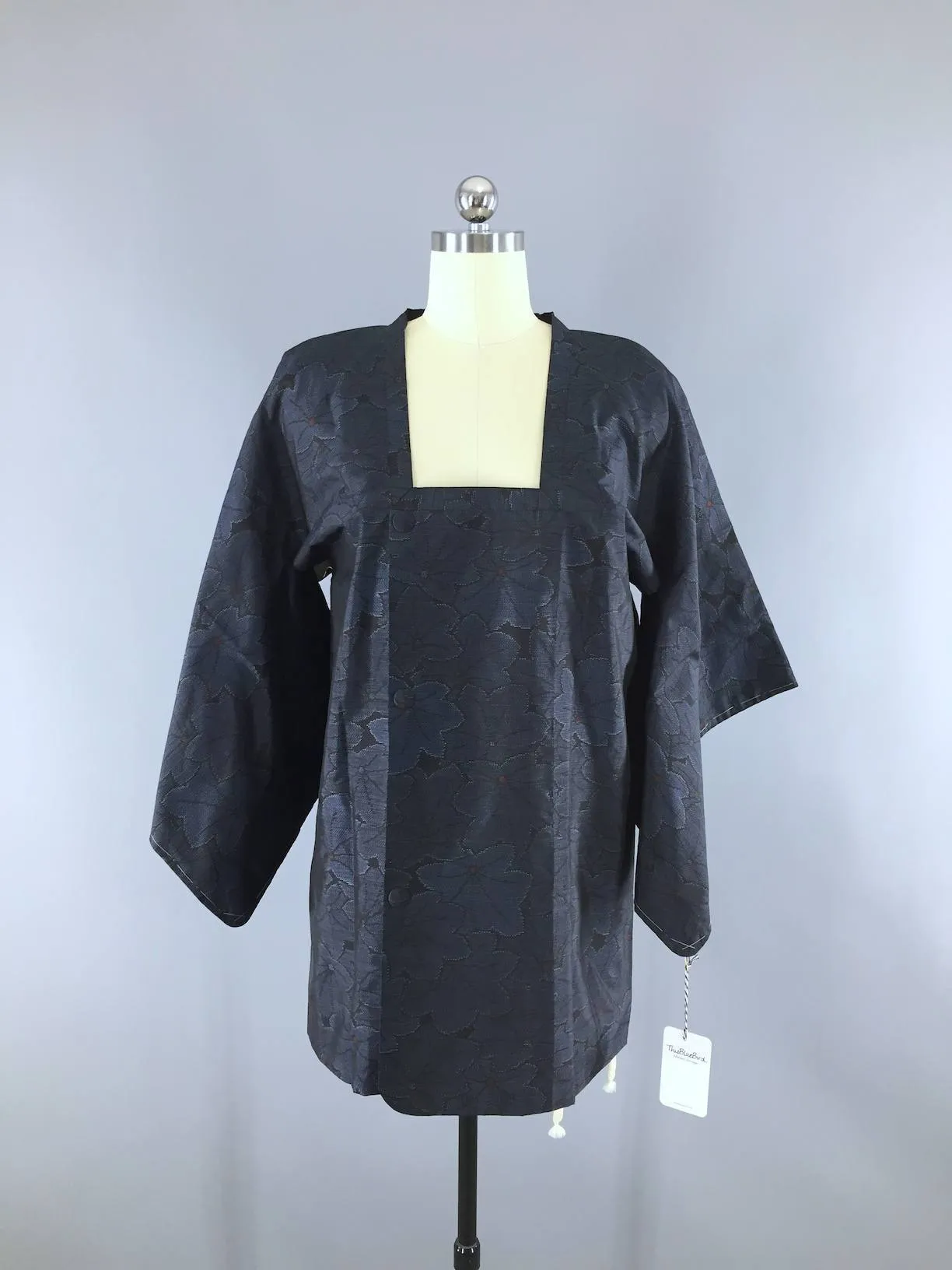 Vintage Kimono Coat Michiyuki Jacket Blue & Black Floral