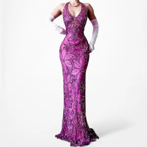 Vintage Purple Floral Sequin Silk Maxi Bodycon Formal Prom Dress Size S/M