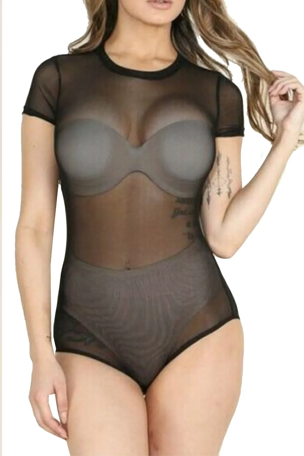 Womens Classic Kylie Style Mesh Bodysuit Long & Short Sleeve