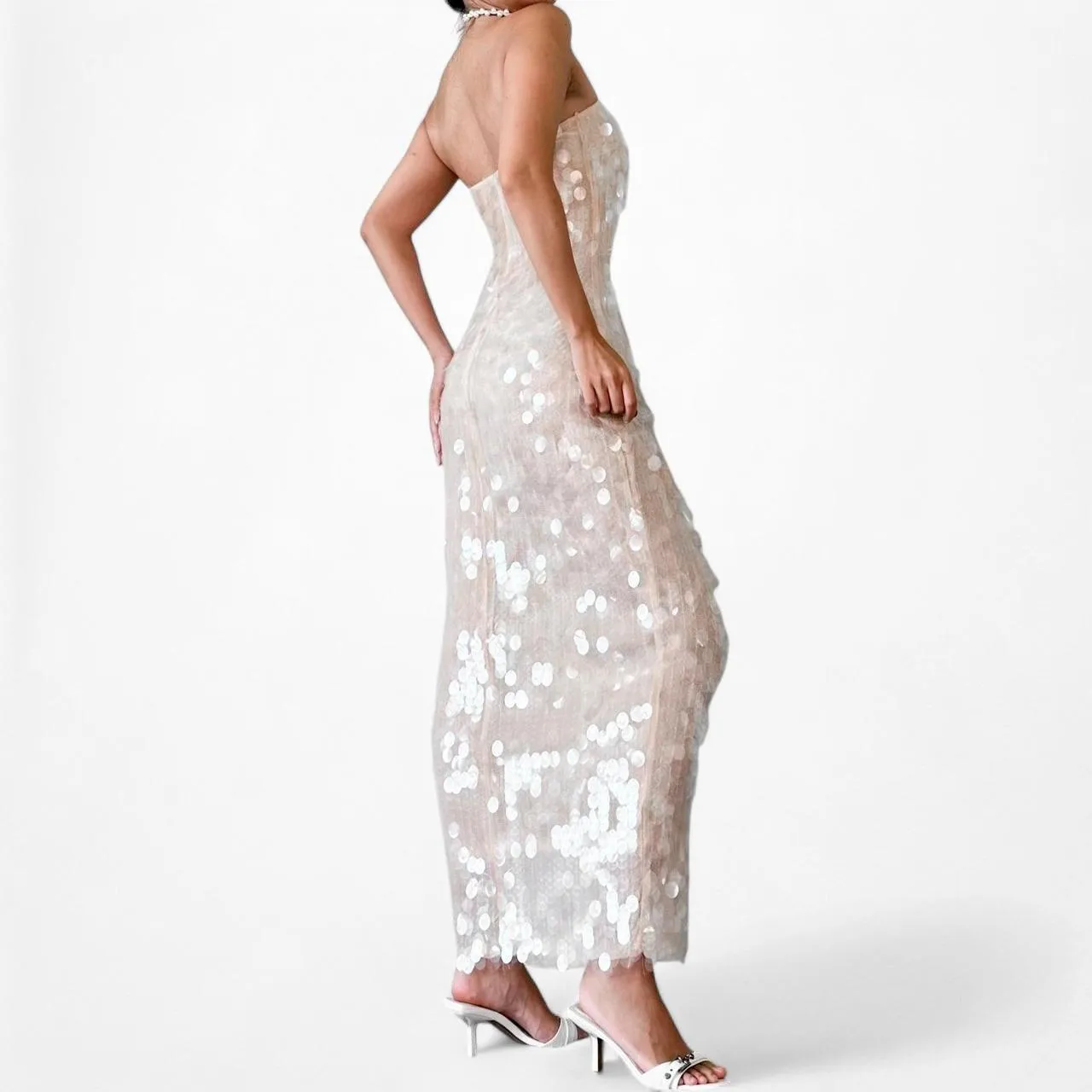 Zara Strapless Sequin Knit Bodycon Midi Cocktail Dress Size S